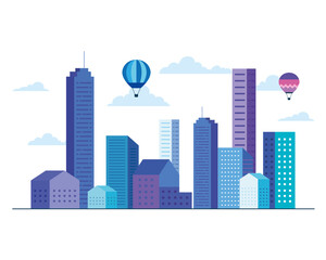 City buildings with hot air balloons and clouds design, architecture and urban theme Vector illustration