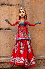 Colorful Indian puppet on local market. Kathputli is a string puppet theatre, native to Rajasthan