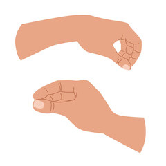 Adult caucasian hand gestures. The fingers are holding the object. Hand-drawn flat clip art. Stock vector illustration isolated on white background.