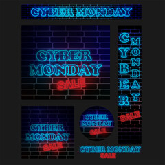 Cyber monday neon banners. Cyber Monday neon sign, design template, modern trend design, night light signboard, night bright advertising.