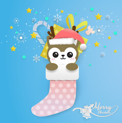 reindeer and santa hat in socket,bell, snow flake,red hat,and text merry christmas