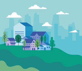 City landscape with houses trees and clouds design, architecture and urban theme Vector illustration