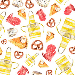 Watercolor seamless pattern of potholder, apron, baked pretzel and pumpkin pie. Great for wrapping paper, textile,seasonal greetings, cafe or pastry shop, banner. Kitchen elements background on white 