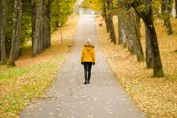 Young woman in yellow jacket slowly walking long road through alley of trees in beautiful autumn day at park. Spending time alone in nature. Peaceful atmosphere. Back view.