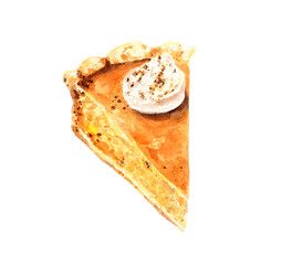 Watercolor illustration of slice of pumpkin pie with whipped cream. Traditional autumn dessert. Thanksgiving or Halloween recipe. For cook books, posters, cafe menu, planners, greeting cards, invites 