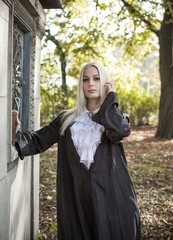 Mystical scene at forest, gothic woman, magical look, Halloween ideas, costume