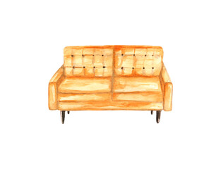 Watercolor retro sofa illustration. Fashionable stylish room furniture element isolated on white. For seasonal decoration, greeting card, stickers, poster or interior blog icon. Hand drawn cozy home 