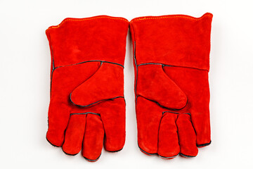 Welding gloves, welding equipment, gloves isolated on a white background, protective clothing