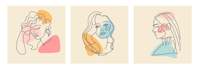 Contemporary outline female silhouettes. Colored shapes. Hand drawn outline trendy vector illustrations.Set of three Modern abstract faces girls.  Continuous line, minimalistic . Pastel colors
