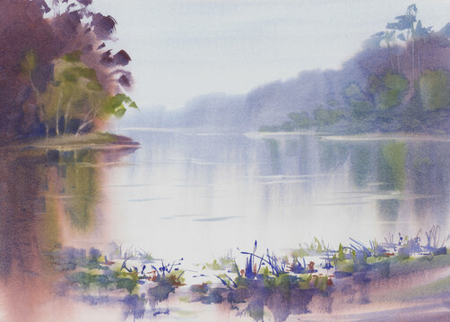 Morning mist by the lake with ships in autumn watercolor background