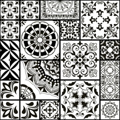 Seamless patchwork tile with Islam, Arabic, Indian, Ottoman motifs in black and white. Majolica pottery tile. Portuguese and Spain decor. Ceramic tile in talavera style. Vector illustration
