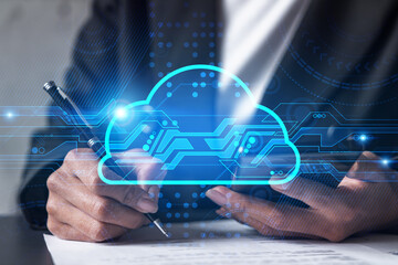 Data cloud drawing and a woman signing contract use phone. Double exposure.
