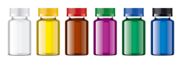 Medical Bottles set with colored liquid. 