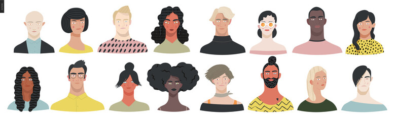 Beautiful people portrait -hand drawn flat style vector design concept illustration of a young people, men and women, face and shoulders avatar, various races and nationalities. Flat style vector icon