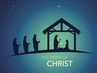 nativity scene of baby Jesus in the manger with Mary and Joseph in silhouette with wise men