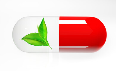 Natural medicine in a capsule tablet. 3D render illustration.