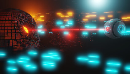Sci-fi cosmo battle future. Space battle. 3d render.