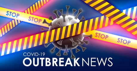 Design of a coronavirus outbreak with a viral cell in microscopic form. Illustration template on the topic of a dangerous SARS epidemic for an advertising banner or leaflet.
