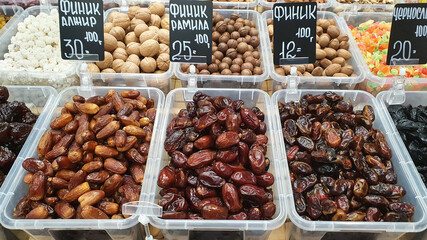 Exotic dried fruits in the supermarket