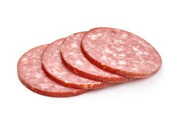 Sliced salami smoked sausage, isolated on white background