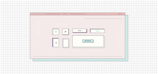 Vector template with different web elements in new modern memphis style. Trendy retro browser and buttons look.