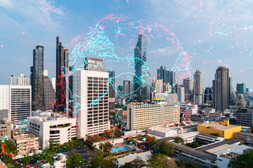 Fototapeta premium World planet Earth map hologram over panorama city view of Bangkok, Asia. The concept of international connections and business. Multi Exposure.