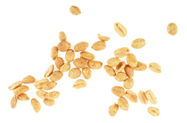 Heap of peeled salted peanuts isolated on a white background, top view.