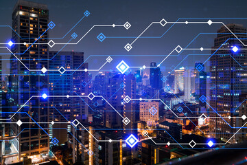 Information flow hologram, night panorama city view of Bangkok. The largest technological center in Asia. The concept of programming science. Double exposure.