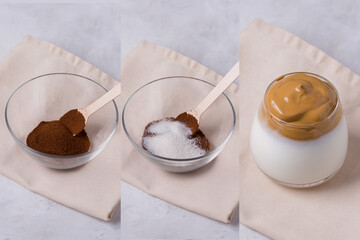 Dalgona coffee drink, on the table in a clear glass. Collage with ingredients for making Dalgona. Ground coffee, sugar in a transparent bowl.