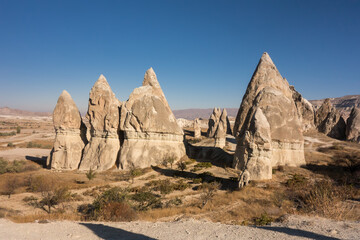 View of Cappadocia. Turkey. A geological formation consisting of volcanic tuff with cave dwelling. Cave monastery in Goreme Central Anatolia.