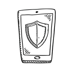 Cartoon style black and white doodle of mobile phone with security shield on screen. Black and white vector illustration.