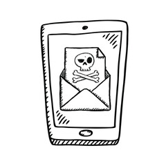 Cartoon style black and white doodle of mobile phone with opened virus email on screen. Black and white vector illustration.
