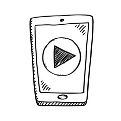 Cartoon style black and white doodle of mobile phone with play button on screen. Black and white vector illustration. 
