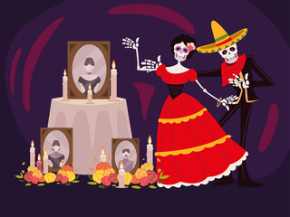 day of the dead, catrina skeleton altar with photos candles and flowers, mexican celebration