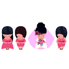 The bride in a wedding dress with a veil is holding a luxurious pink bouquet in her hands, bridesmaids in identical dresses, showing a heart from the fingers