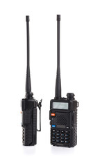 Black walkie-talkie Radio communication device isolated on white