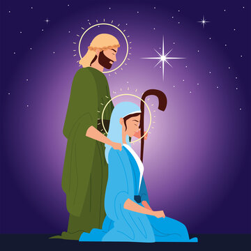 nativity, joseph and mary, shining star on purple background