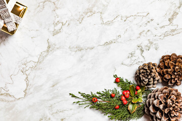 Christmas image/background.Pinophyta, brown pinecone with tree leaves, gift and red fruits on white marble.