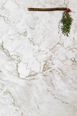 Christmas image/background.Pinophyta, brown pinecone with tree leaves, gift and red fruits on white marble.