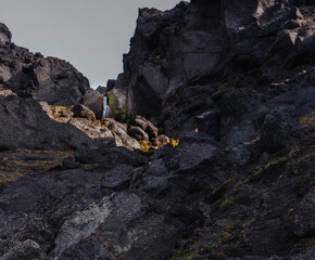 Mountain river, waterfall in the volcanoes national park of Kamchatka