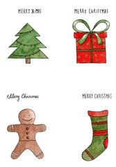 Christmas symbols set, isolated on the white background - Christmas tree, gift, Gingerbread man and a Christmas stocking.  Watercolor hand drawn illustration with a handwritten text
