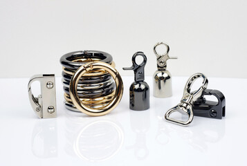Metal accessories for making bags. Carabiner metal colors gold, silver and black silver. set of Side carabiners for handbags. Carabiners for a round belt of a woman's bag.