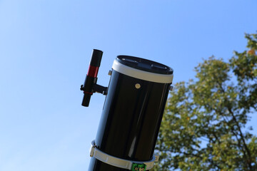 Newton's reflector telescope. Preparing for observation. Telescope Focuser with Eyepiece.