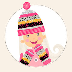 Template greeting card and invitation with a girl in winter clothes. Freehand drawing. Can be used for scrapbook, banner, print, etc.