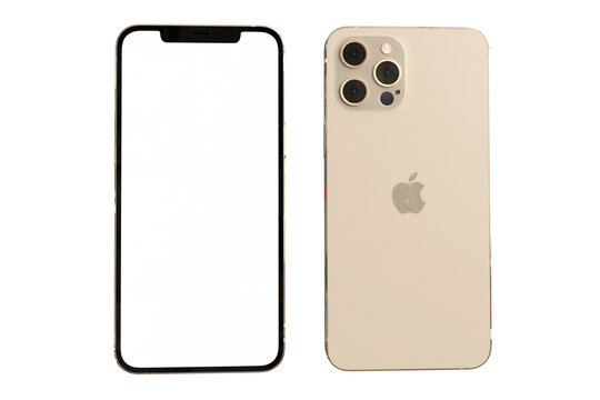 New Iphone 12 Pro max Front and back side mock up with white screen. Illustration for presentation web site design or mobile phone app on white baclground