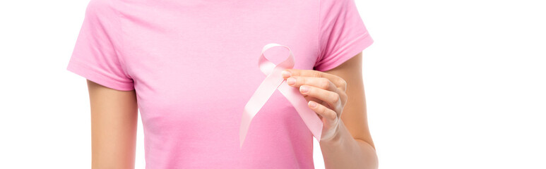 Horizontal image of woman holding pink ribbon isolated on white, concept of breast cancer