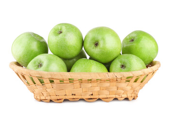 Green apples in basket isolated on the white background