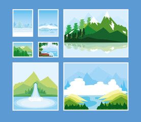 Fototapeta premium landscapes collection icons mountains nature river waterfall and winter