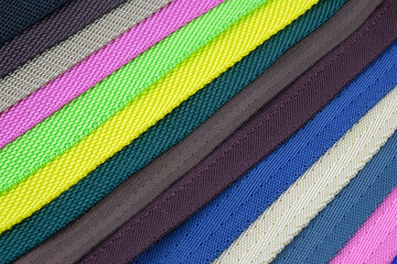 Colored polyester belts, sample palette for making shoulder straps for bags and backpacks. Belt...