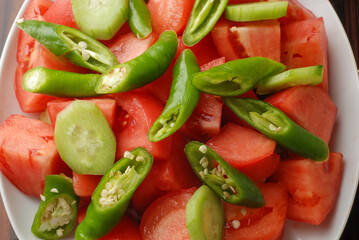 A plate of chopped tomatoes and peppers